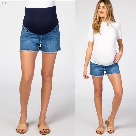 Pinkblush Medium Wash Fringe Hem Maternity Full Panel Denim Shorts - Picture 9 of 9